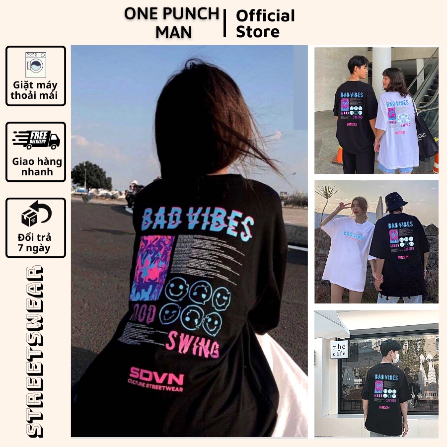Áo thun tay lỡ unisex OnePuchMan from rộng BAD VIBES phong cách hiện đại phù hợp nam nữ, cặp đôi