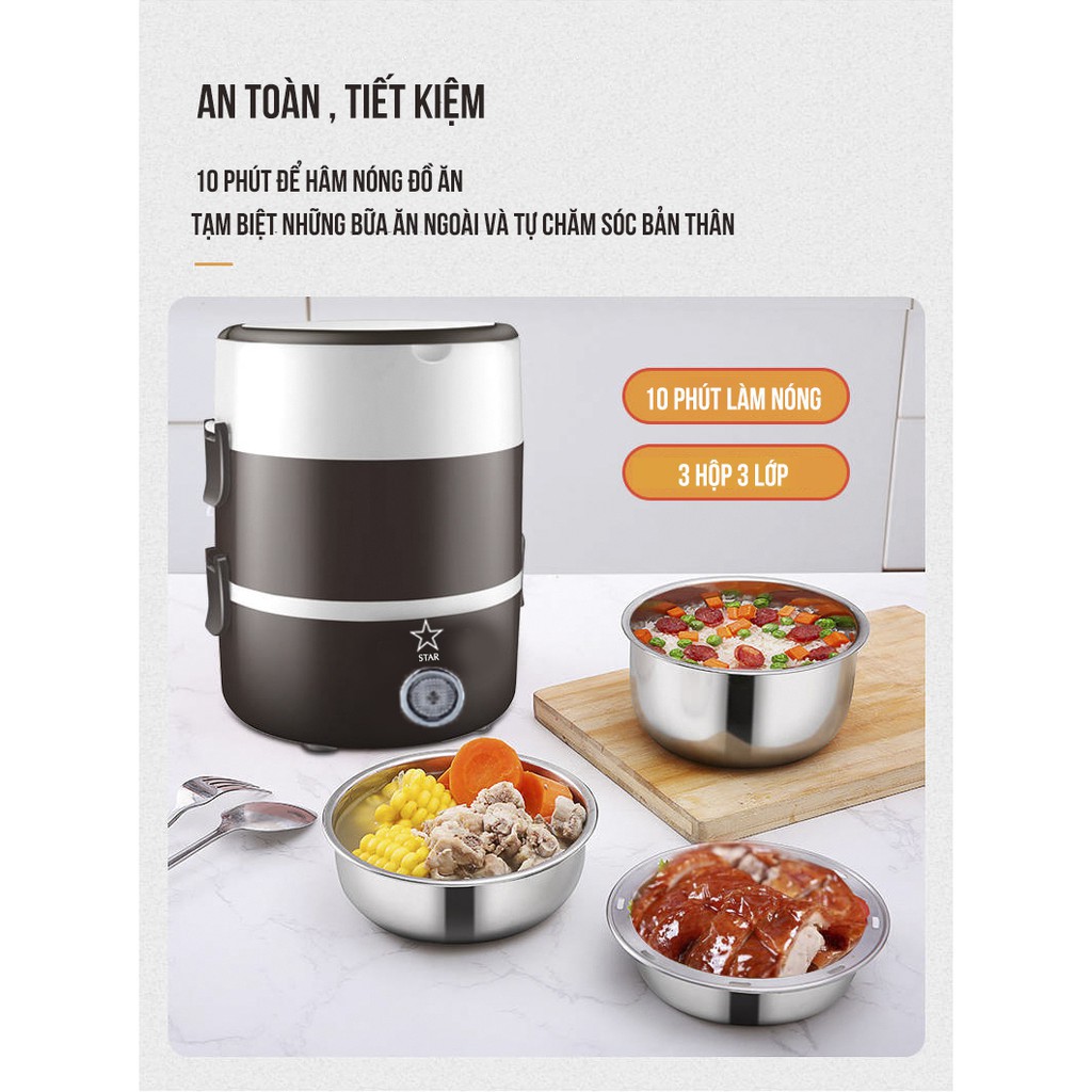 💥SALE 70%💥Hộp Cơm Giữ Nhiệt 3 Tầng Hâm Nóng Thức Ăn Cắm Điện Bằng Inox Star Hot Lunch Box