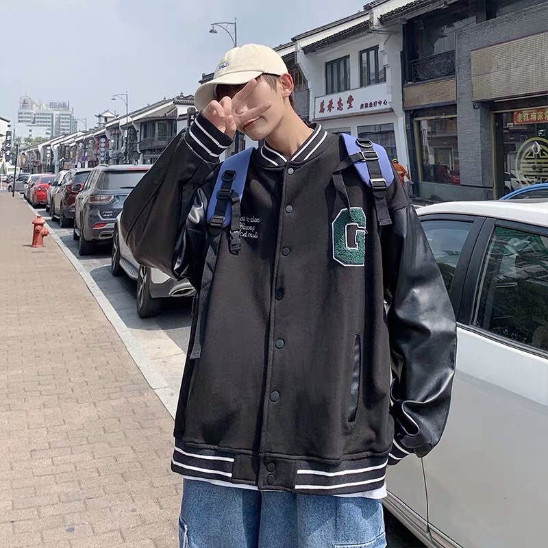 Áo khoác varsity jacket bóng chày nam dáng rộng chất dạ mix da huy hiệu Ulzzang siêu chất ❤️