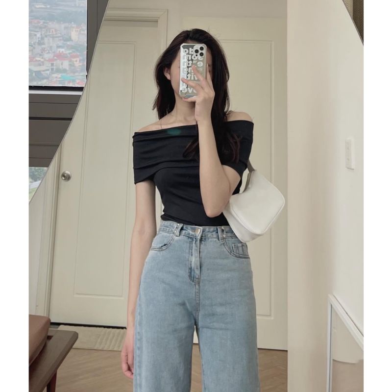 Áo trễ vaii.thun nữ , body ,dễ thương dễ phối đồ đen trắng hiện đại trẻ trung teen tôn dáng dễ thương