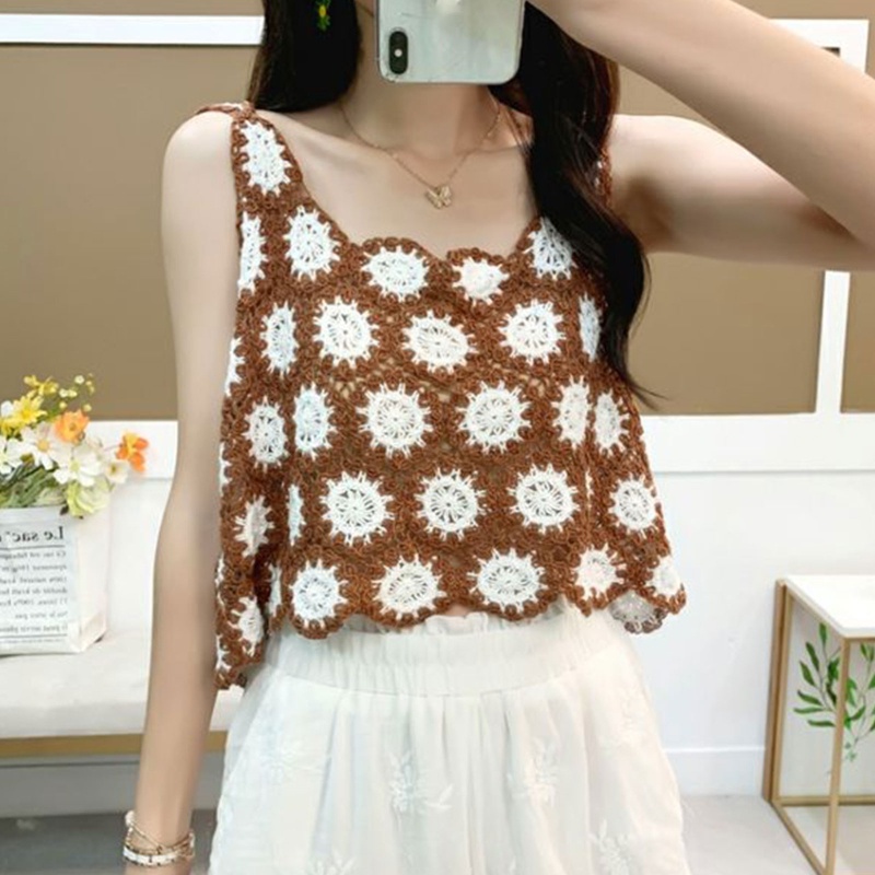 Brroa Áo Croptop Không Tay Dáng Rộng In Hoa Màu Sắc Tương Phản Thời Trang Cho Nữ