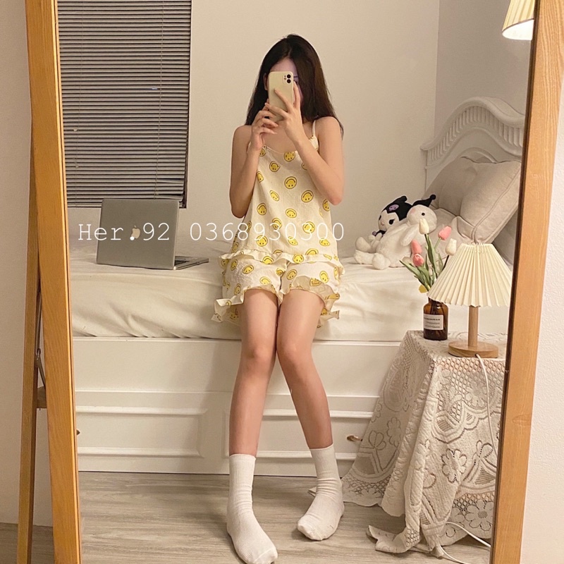 Bộ ngủ hai dây chất đũi xốp Hàn mặc nhà siêu xinh chất mát chào hè