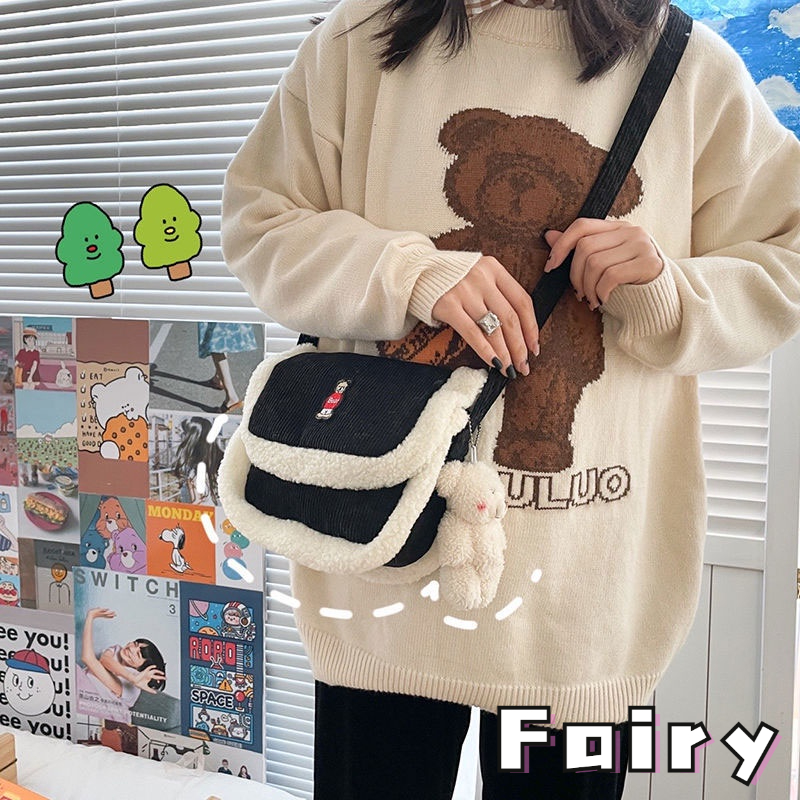 Túi Đeo Chéo Lông Cừu Mềm Mại Hình Chú Gấu Đỏ Đáng Yêu Cho Bé Gái