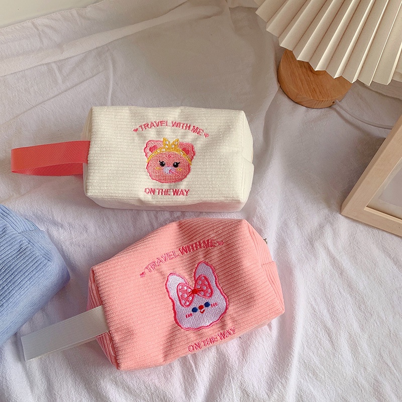 Hộp đựng bút vải nhung tăm hình gấu cute 1 to ngăn - Túi bút nhung tăm đựng mỹ phẩm, Bóp viết DUHU HBV22