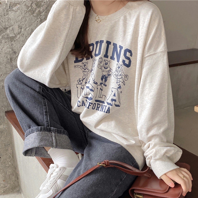 SUXI Áo Sweater Tay Dài Dáng Rộng In Chữ Phong Cách Hàn Quốc Thời Trang Xuân Thu Cho Nữ
