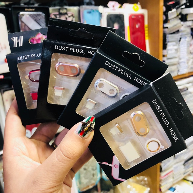 Bộ viền nhôm bảo vệ camera + nút home + nút chống bụi tai nghe iphone 7plus 8plus 7 8 X XS MAX
