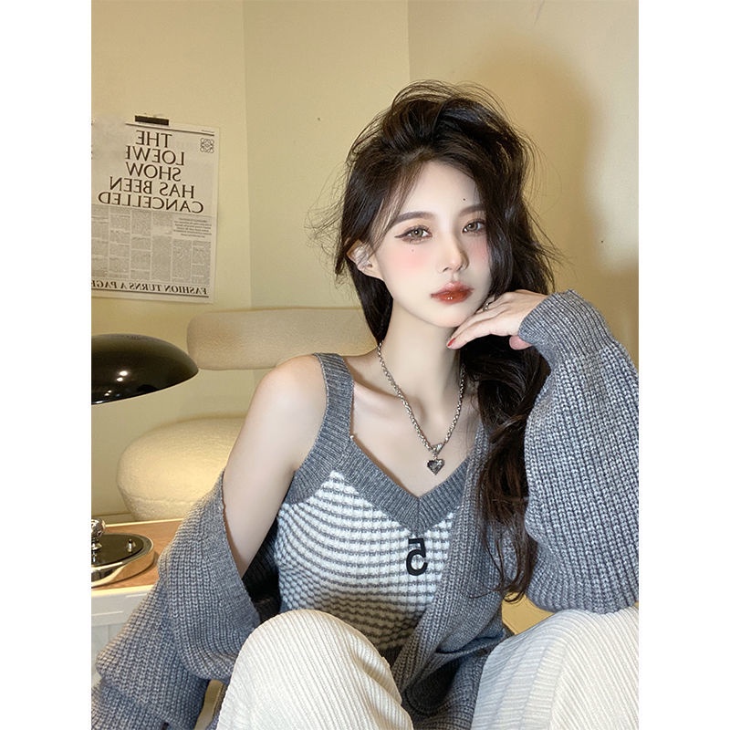 COZOK Set Áo Khoác Cardigan Dệt Kim + Áo Hai Dây Màu Sắc Tương Phản Thời Trang