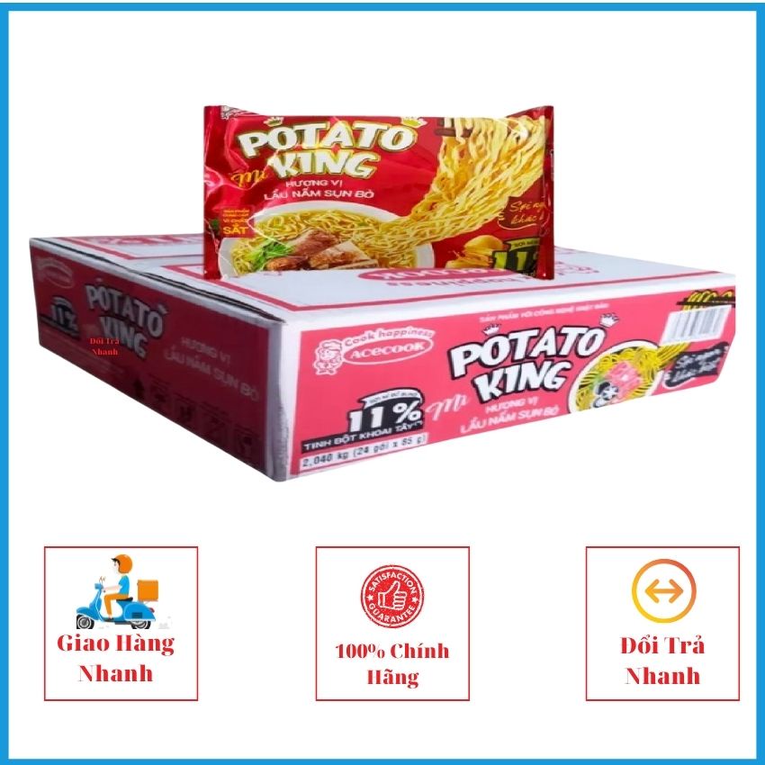 Mì POTATO KING Hương vị Gà Hầm, Lẩu Nấm Sụn Bò 85g x 24 gói thùng MMPTTK01