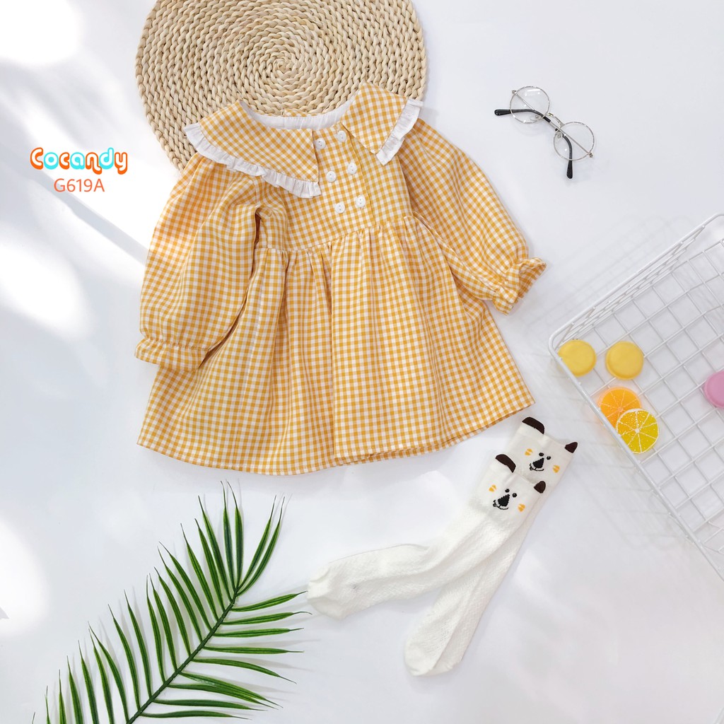 [Cocandy Official Store] Váy babydoll cho bé màu vàng, họa tiết caro