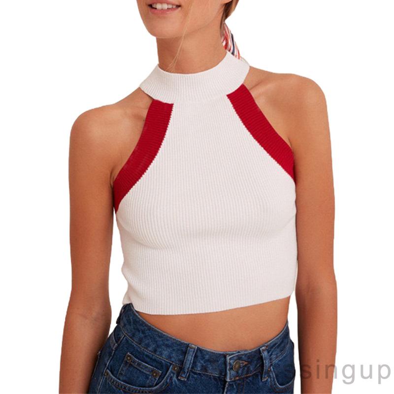 Áo Croptop Dệt Kim Cổ Tròn Màu Sắc Thời Trang Mùa Hè Cho Nữ