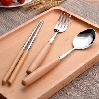 Bộ Muỗng Đũa Nĩa Inox Cán Gỗ - Có Hộp Đựng Lúa Mạch Sang Trọng - Tiện Lợi Mang Đi