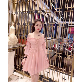 Đầm tiểu thư kiểu bẹt vai trễ vai nhún tay xòe cực xinh