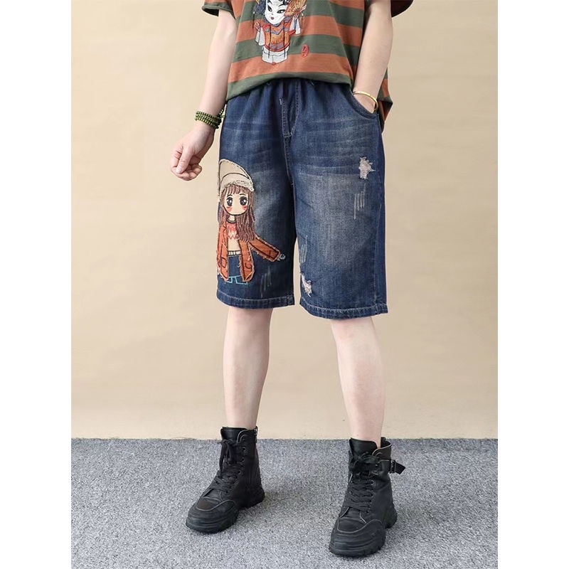 Quần Short denim Lưng Thun Thêu Họa Tiết Mẫu Mới Thời Trang Mùa Hè Cho Nữ