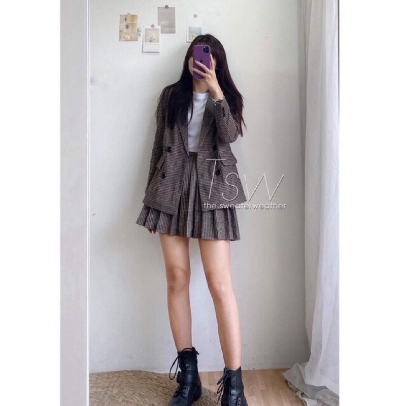 SET ÁO VEST BLAZER KÈM CHÂN VÁY XẾP LY KẺ CARO