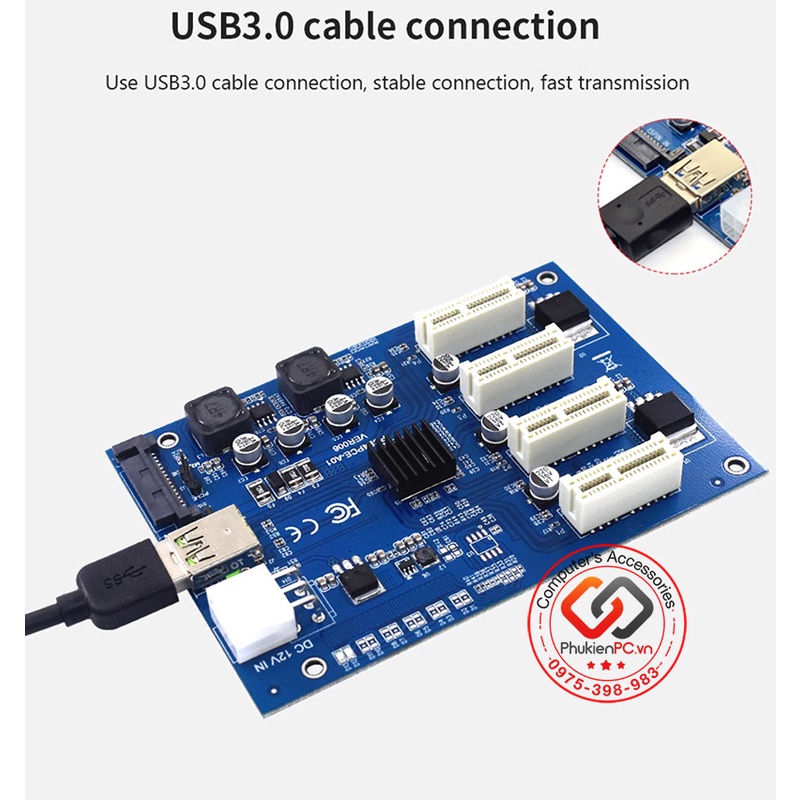 Card Riser mở rộng PCIe 1x ra 4 Port PCIe 1X lắp cùng lúc 4 card