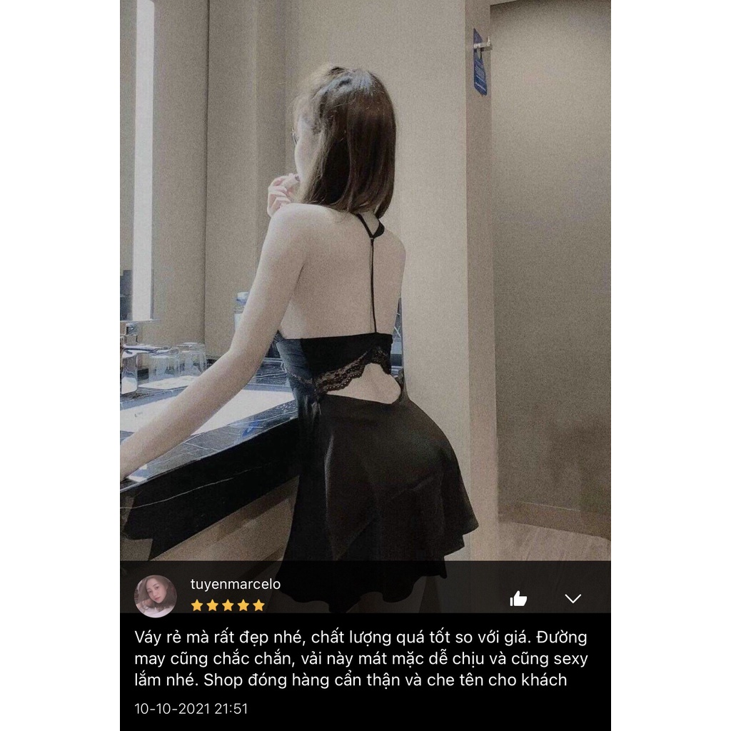 Váy Ngủ Lụa Phối Ren Mỏng Thiết Kế Dây Lưng Sexy Lacy Bra - V17