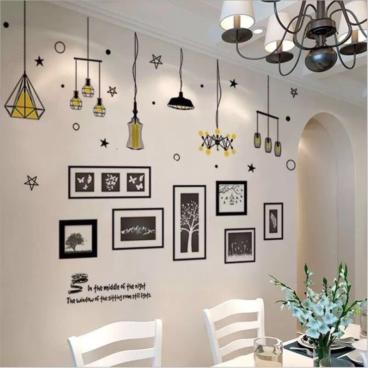 Decal dán tường 3D [FREESHIP] Combo dán phòng khách sang trọng đèn treo và khung ảnh có keo sẵn - decalamyshop