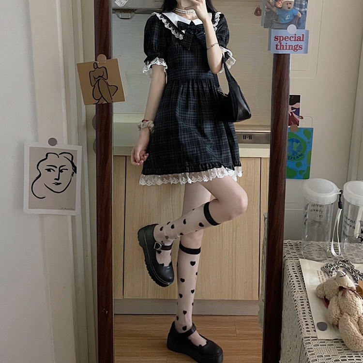 Đầm lolita Perty kẻ sọc caro phối ren thời trang Hàn Quốc cho nữ