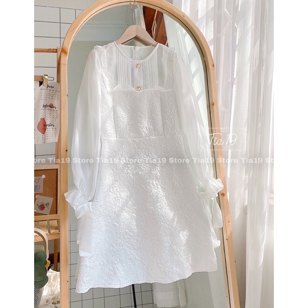 Váy trắng gấm cổ tròn dáng xoè Tia19. Đầm trắng dự tiệc cổ tròn tiểu thư ulzzang | BigBuy360 - bigbuy360.vn