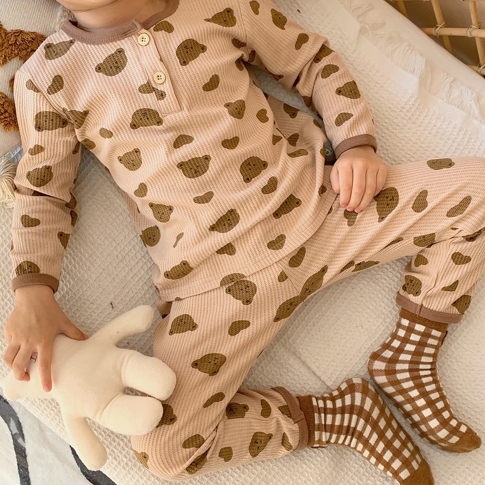 Set quần áo sơ sinh vải cotton tổ ong mặt gấu họa tiết trái tim dài tay, Bộ quần áo bé trai và bé gái mềm mại thoáng mát