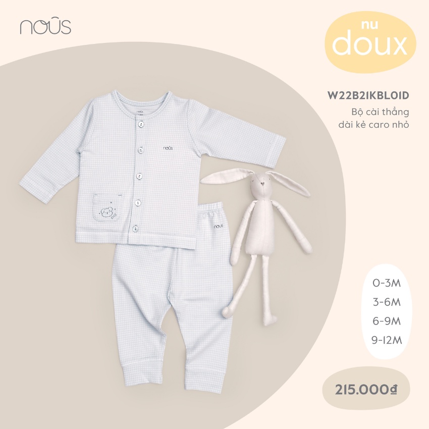 Bộ Quần Áo Dài Cài Thẳng Nous Màu Hồng - Chất Liệu Nu Petit (Size Từ 0-3 Tháng Đến 9-12 Tháng)