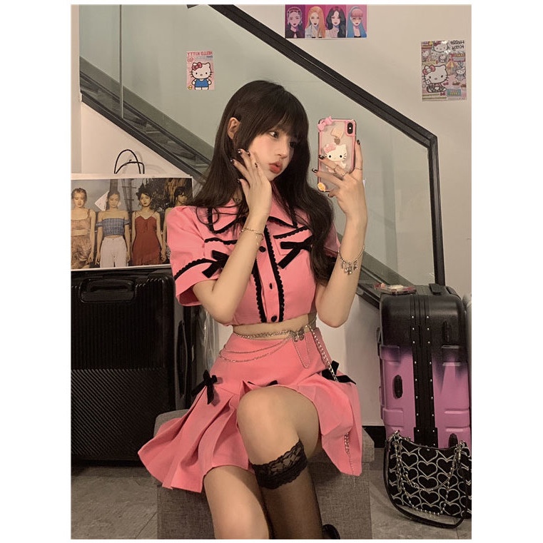 Jiashucheng Bộ Áo Sơ Mi Đính Nơ Phối Chân Váy Xếp Ly Lưng Cao Dễ Thương Cho Nữ