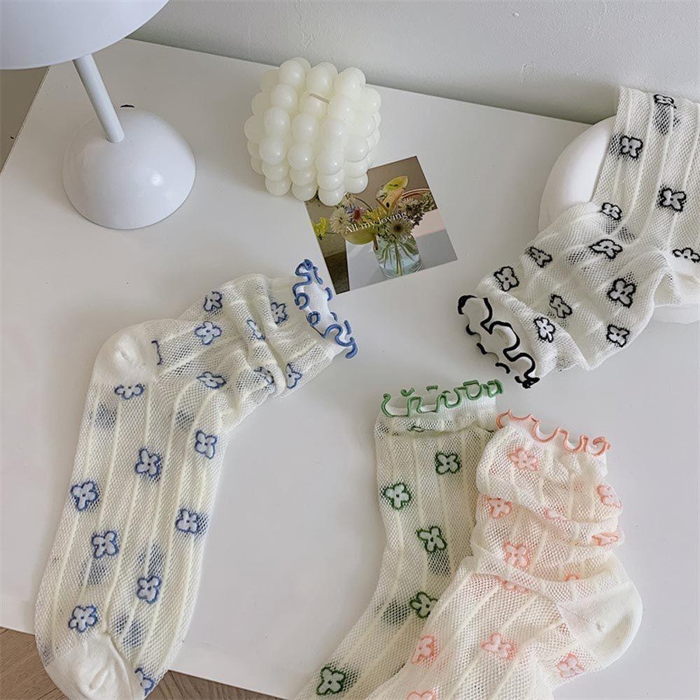 Vớ Kẻ Sọc Trong Suốt In Họa Tiết Hoa Thanh Lịch Cho Nữ|Vớ Lụa Phong Cách Harajuku Cá Tính