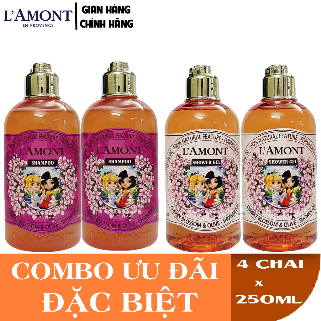 Combo 2 chai Sữa tắm và 2 chai Dầu gội cho bé LAmont En Provence Hương Hoa Anh Đào 250ml/chai