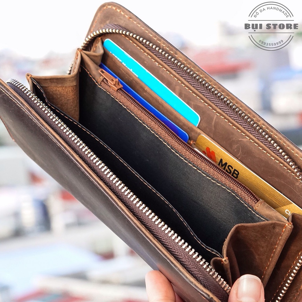 Clutch cầm tay, Ví da cầm tay da bò sáp 100% da thật Handmade khâu tay