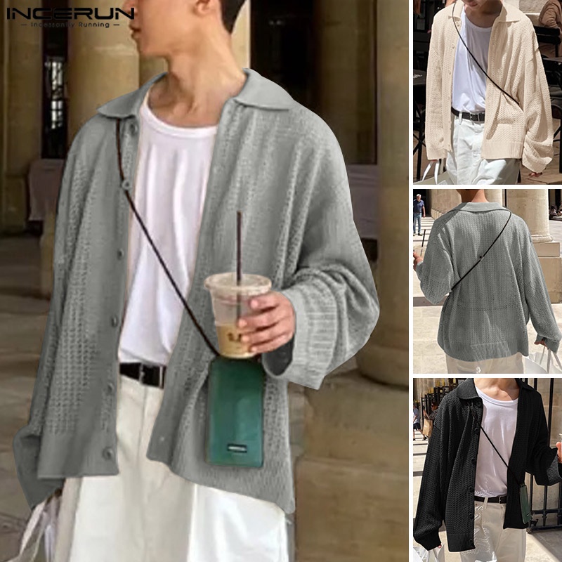 Áo sơ mi INCERUN tay dài cổ bẻ nhìn thấu cài nút hợp thời trang cho nam