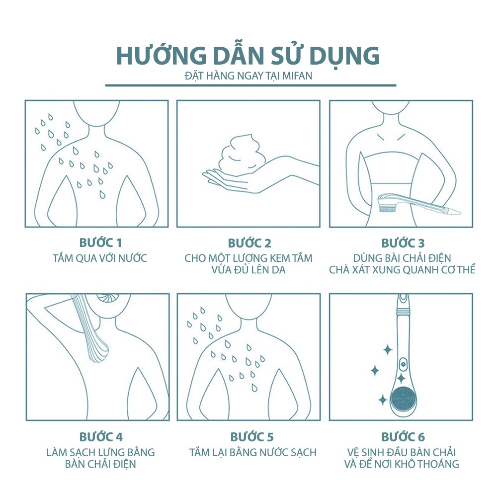 Bàn chải tắm FTOYIN bằng điện không thấm nước có thể sạc lại với 6 đầu làm sạch để tẩy tế bào chết/ làm mềm da
