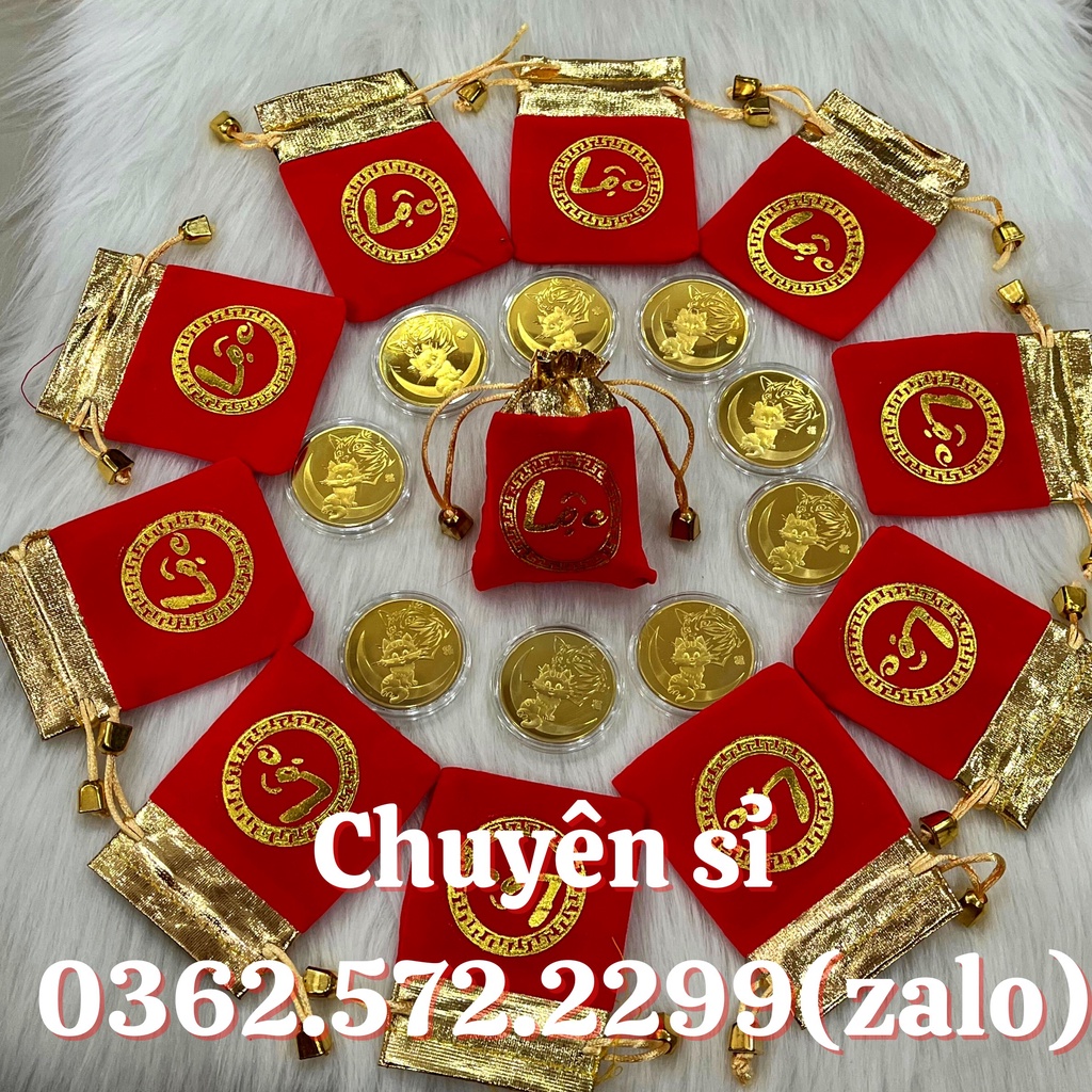 Sỉ Combo 10 Đồng Tiền Xu Con Mèo Đài Loan Mạ Vàng Kèm Túi Gấm Phúc Lộc
