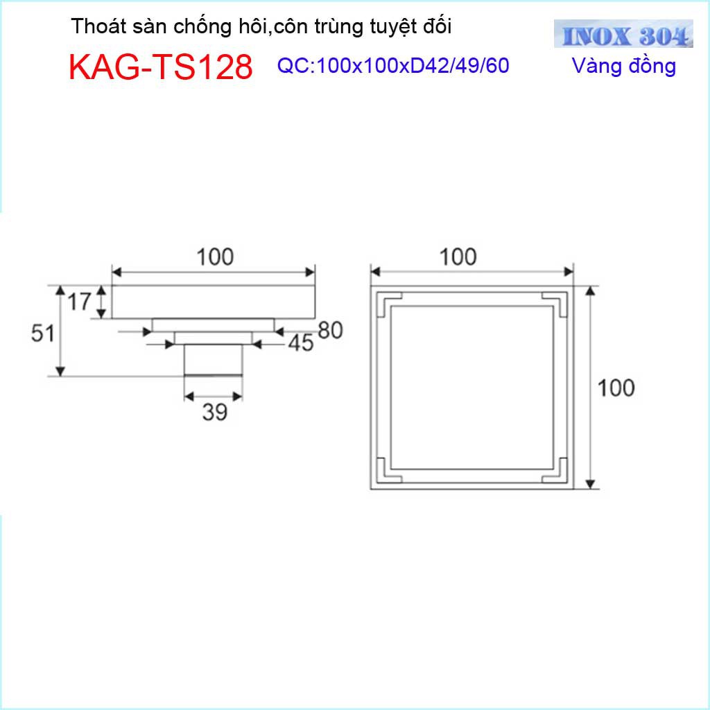 Thoát sàn chống hôi nhà tắm Roca KAG-TS128 mặt kín, phễu thoát sàn chống trào, ga thoát sàn chống côn trùng tuyệt đối