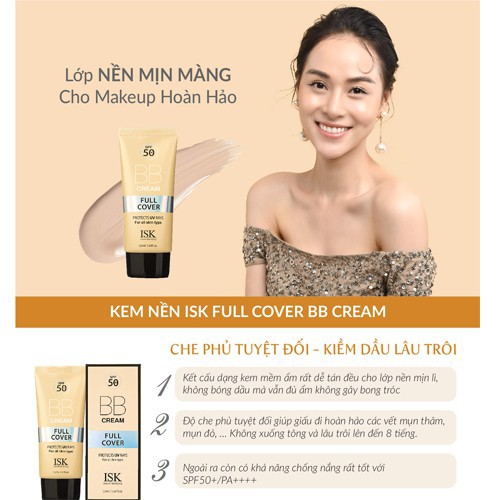 ( CHÍNH HÃNG ) Kem nền trang điểm CHE KHUYẾT ĐIỂM ISK Full Cover BB Cream SPF 50+/PA+++ 45ml - Hàn Quốc Chính Hãng