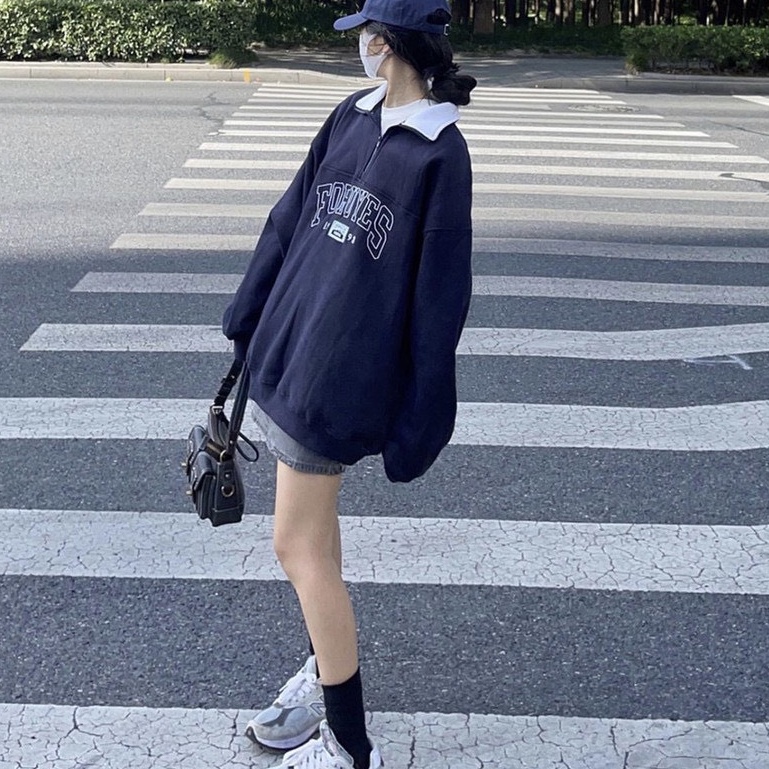 Áo sweater nỉ bông thêu chữ cổ phối màu form rộng tay dài vanmiushop