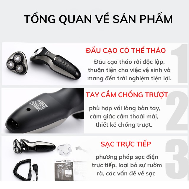 [Không Rát] Máy Cạo Râu Khô Nam RUITUO RS330 May Cao Rau Đa Năng, 3 Lưỡi Cắt Cạo Sạch Và Sát