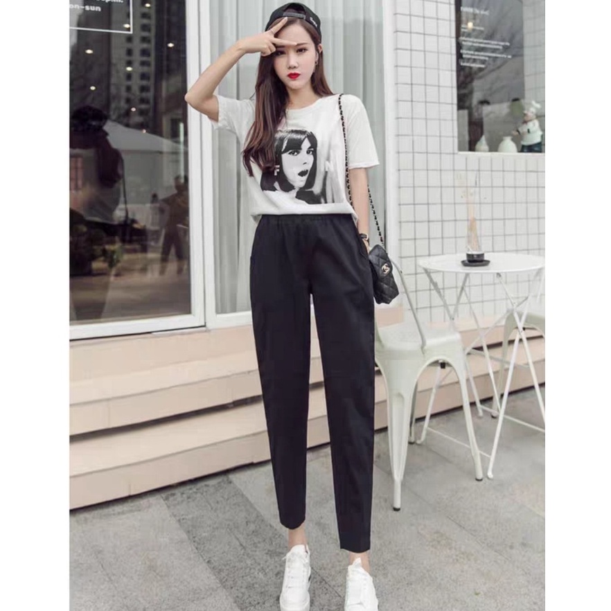 Quần đũi nữ baggy cạp chun ống côn lưng cao chất vải mềm dáng - Quần vải đũi dài thun chun chất mát mặc ở nhà thể thao