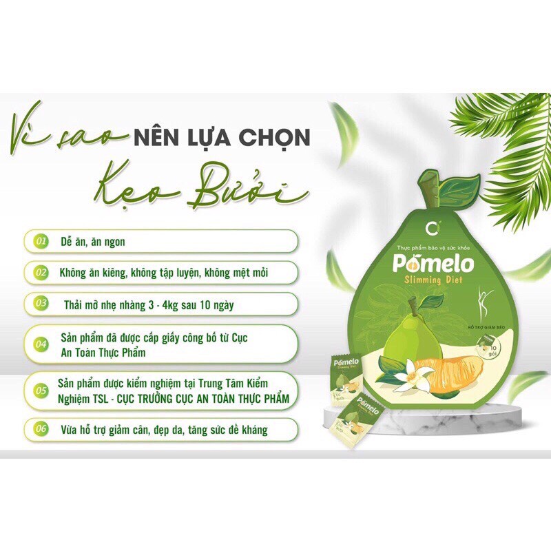 Kẹo Bưởi Giảm Cân POMELO SLIMMING DIET Tan Mỡ Đẹp Da Gói 10 Viên,Giữ Dáng, Thon Gọn Cơ Thể (Tặng Kèm DETOX Thải Mỡ)