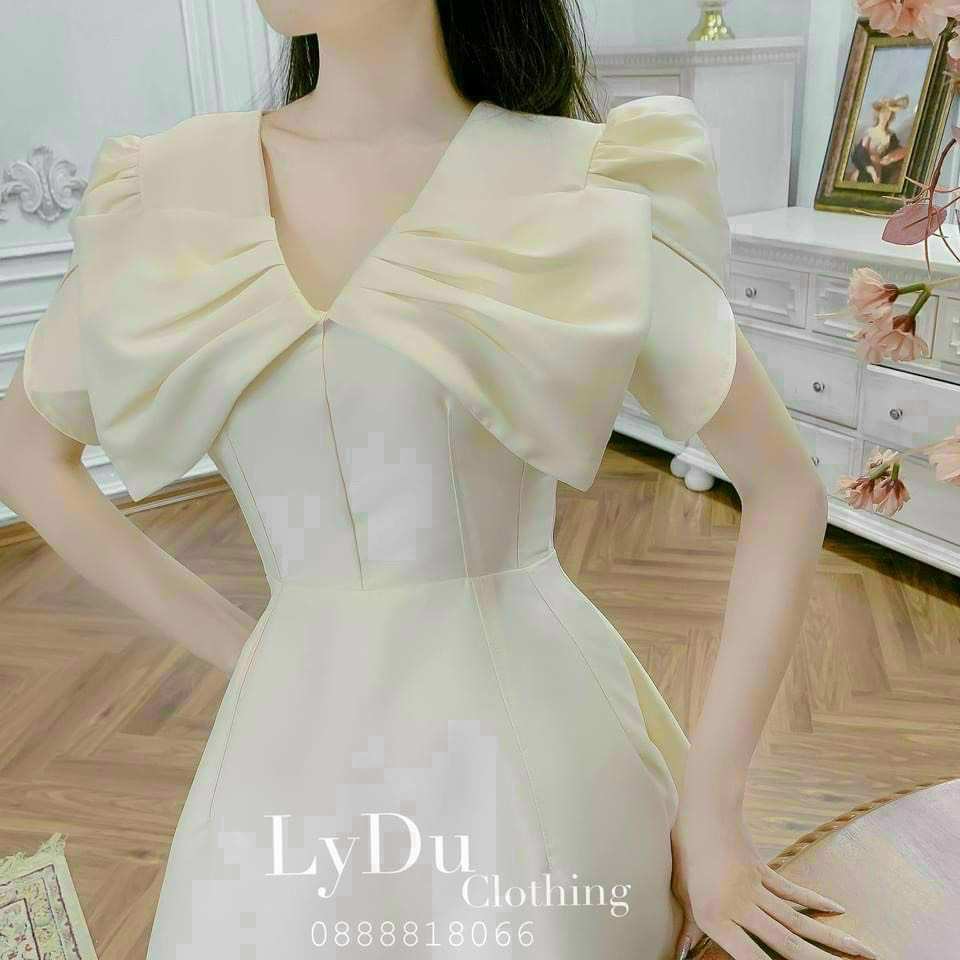 Đầm nữ thời trang mặc đi tiệc chất tapta áo cổ V phối bèo tay ngắn váy xoè như hình 100% đi tiệc sang chảnh