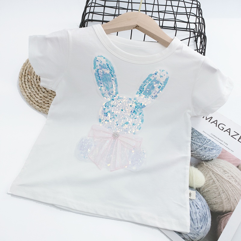 Áo Thun Tay Ngắn Chất Liệu 100% Cotton In Hoạ Tiết Thỏ Đính Kim Sa Lấp Lánh Dành Cho Bé Gái