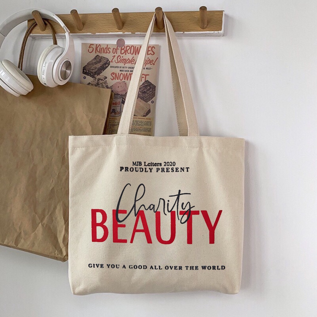 Túi tote Hazin vải canvas ulzzang unisex in chữ Charity Beauty có khoá miệng ngăn phụ nhỏ HZ58