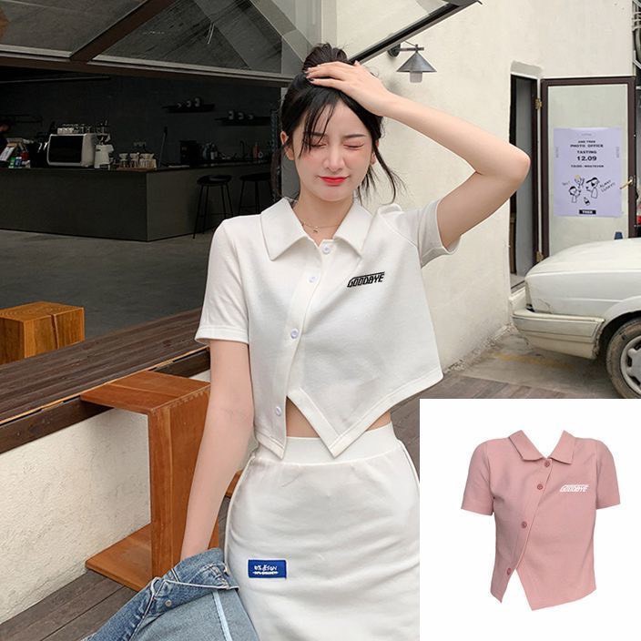 Áo croptop nữ polo đính cúc cách điệu vạt chéo cực xinh | BigBuy360 - bigbuy360.vn