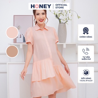 Váy thiết kế công sở cổ sơ mi, chân váy xòe, chất lụa mềm nhẹ mát - Thời trang đầm bầu cao cấp HONEY
