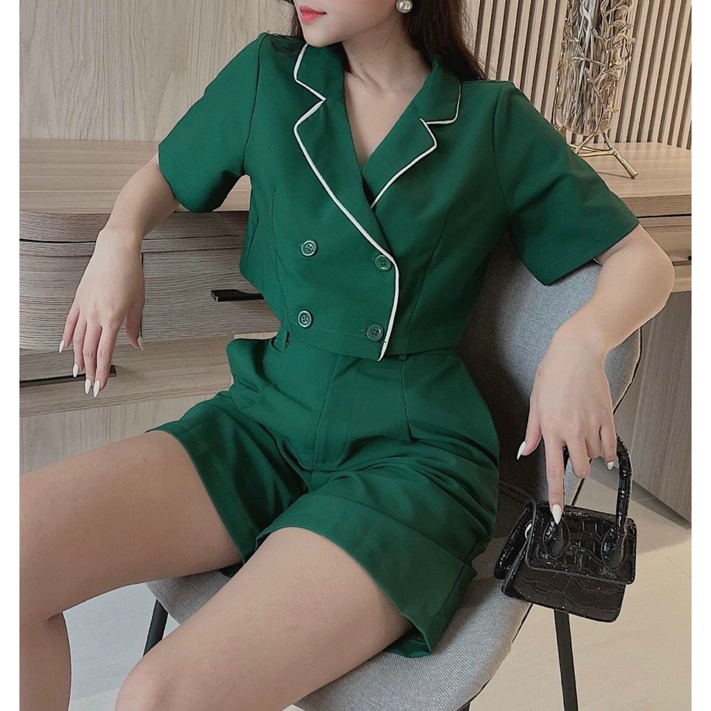 [8.8 Sales Freeship] Set bộ vest lửng công sở, set áo vest tay ngắn phối chạy viền croptop, quần ngố rộng lưng cao