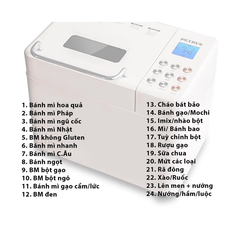 Máy làm bánh mì tự động 3 trong 1 Petrus PE8855GR, PE8860 máy nhồi, ủ, nướng bánh mì.