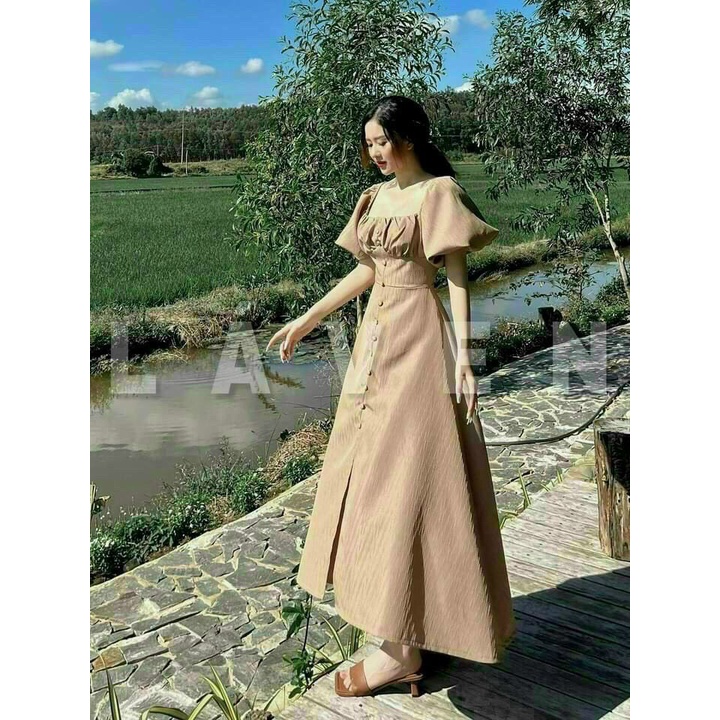 [9.9 Sales Freeship] Đầm maxi lụa cổ vuông nhún ngực đính nút tay búp, đầm vintage dáng dài ôm eo xẻ tà tay phồng mtb