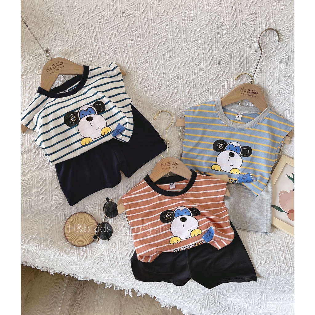 Bộ Đồ Cộc Tay Bé Trai 10-20kg Chất Cotton Hoa Tiết Kẻ Ngang In Hình Con Vật, Set Ba Lỗ Bé Trai Mặc Hè - AN.KID