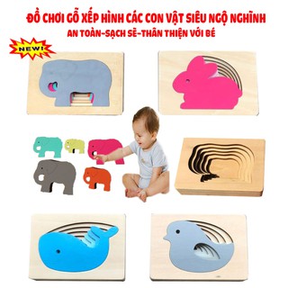 Bộ đồ chơi gỗ lắp ghép hình các con vật lớn dần dành cho bé -Bộ 4 mô hình lắp ghép siêu đáng yêu.