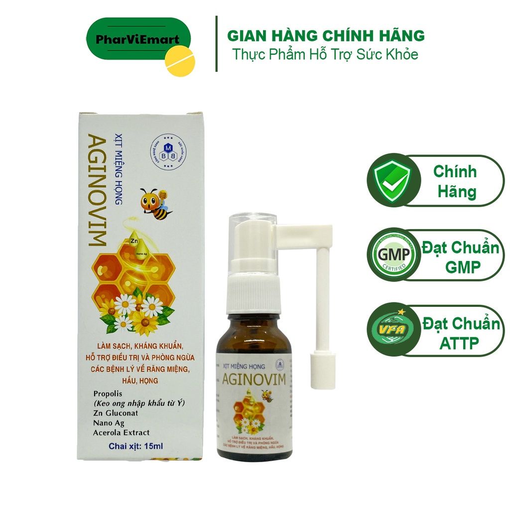 Xịt Miệng Keo Ong Aginovim Chai 15ml Làm Giảm Triệu Chứng Viêm Họng,Ho