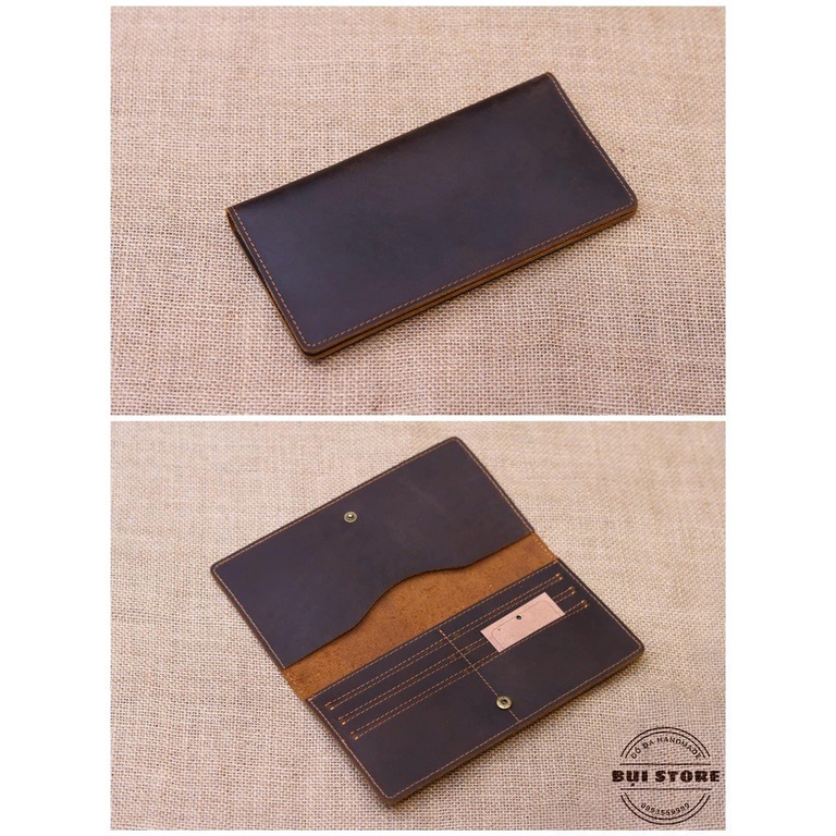 Ví cầm tay nam da bò thật, Ví dài nam da bò sáp ngựa điên Handmade khâu tay thủ công BH 2 năm